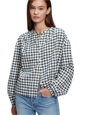 GAP Blue White Gingham Long Sleeve Double Button Flannel Top Blouse Cotton M